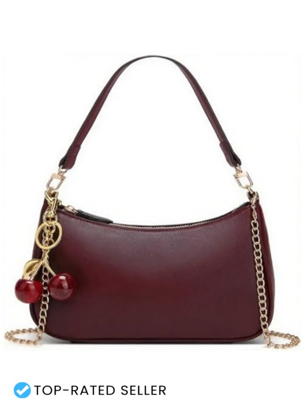 PU Leather Hobo Shoulder Bag with Gold Chain Strap and Cherry Charm